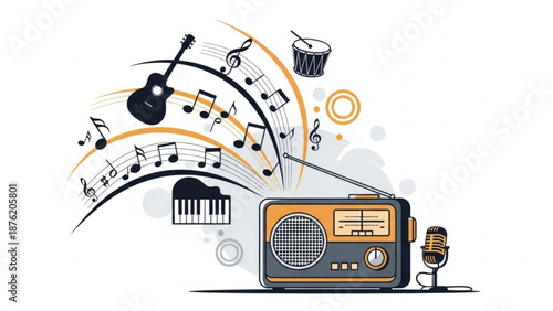 Vintage radio broadcasting musical notes instruments and sound waves representing audio entertainment and creative expression isolated on white