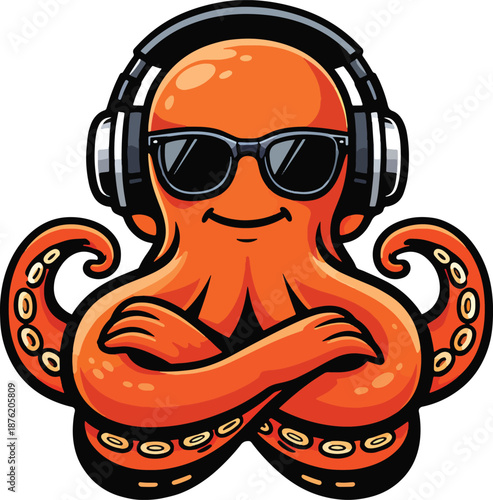 Cool DJ Octopus Wearing Headphones and Sunglasses – Music Cartoon Vector Illustration for Logo, Mascot & Branding
