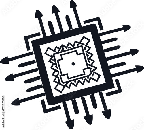 Dark gray microchip with arrows on black background