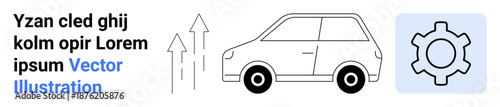 Compact car with upward arrows symbolizing progress and growth, next to a gear icon showing technology and innovation. Ideal for mobility, technology, innovation, mechanics, growth, automotive