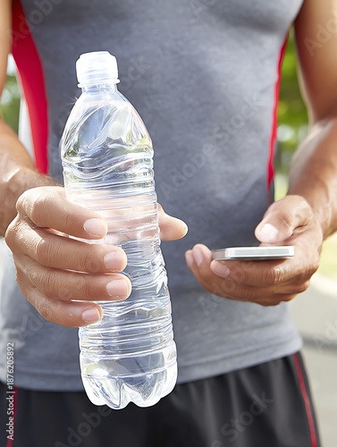 A person drinking water from a bottle while using a smartphone modern lifestyle concept casual and relaxed mood natural daylight candid photography style medium shot eye-level angle, Realistic