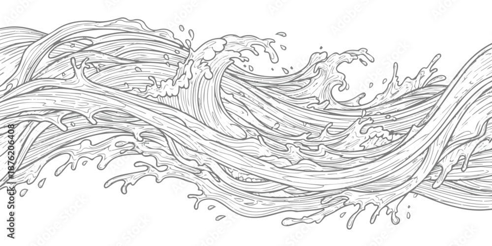 Fototapeta premium Dynamic seamless pattern of abstract ocean waves and water splashes in detailed line art drawing style