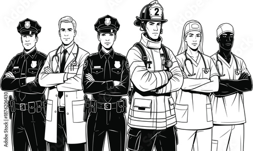 Line art illustration of various emergency first responders including police officers firefighter and medical doctors in uniform