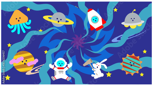 宇宙空間に広がる惑星とキャラクターのかわいいファンタジーイラスト
