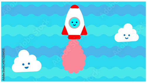 空を飛ぶロケットのかわいいキャラクターイラスト