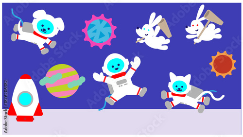 宇宙空間を冒険する宇宙飛行士とうさぎのかわいいファンタジーイラスト