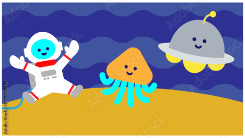 宇宙の地面に立つ宇宙飛行士とエイリアンのかわいいイラスト