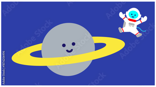 輪のある惑星と宇宙飛行士のかわいいファンタジーイラスト