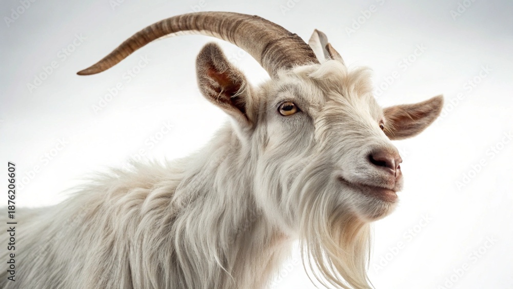 Fototapeta premium A portrait of a brown and white domestic horned goat with long fur looking forward while standing in the rural grass of a summer farm