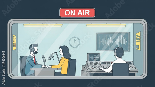 Radio studio scene with hosts broadcasting live sound engineer at console and On Air sign flat vector illustration for media and broadcasting concepts