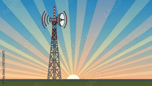 Communication tower with satellite dish and antennas broadcasting signal against a vibrant sunrise sky representing telecommunication and connectivity