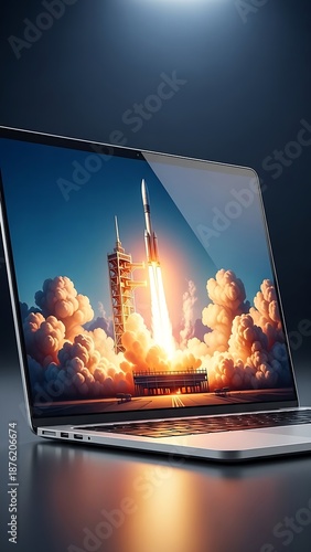 Laptop displaying rocket launch against sunset