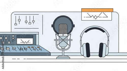 Recording studio equipment including a condenser microphone professional headphones and audio mixer flat vector illustration for podcasting and music production