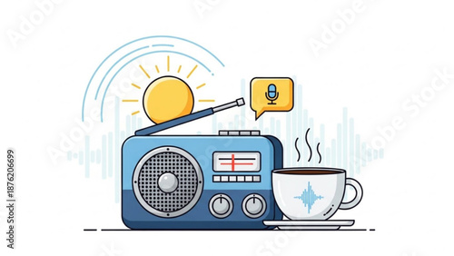 Retro radio with steaming coffee cup and sun broadcasting morning news and music flat vector illustration for concept design