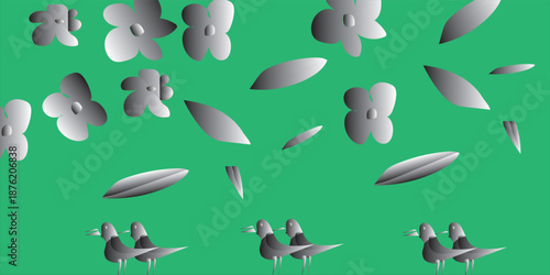 Green floral background with bees and leaves in soft 3D style, fresh nature themed decorative illustration