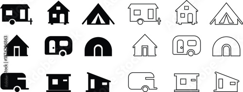 Cabin shelter house icon set showing a small wooden cabin for shelter and outdoor living. Ideal for travel, minimalist camping, rural housing, maps urban camper compact vector refuge, apps, web design