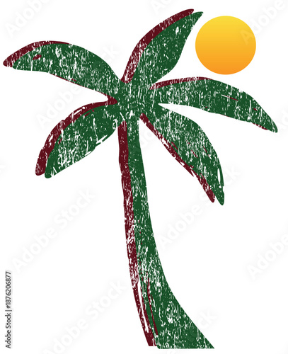 A stylized dark green palm tree stands beside a surfboard in a rustic illustration