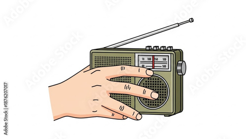 Hand holding a vintage portable radio retro technology concept for music and broadcasting isolated on white background