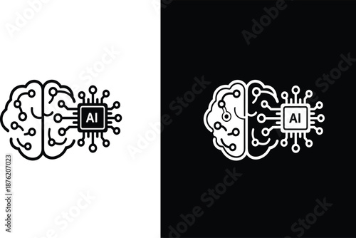 Minimalist AI brain network line icon set featuring an integrated artificial intelligence microchip for digital technology concepts