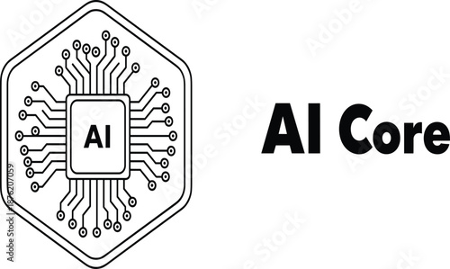 Minimalist hexagonal AI Core logo emblem featuring a central microchip with electronic circuit board lines for technology branding