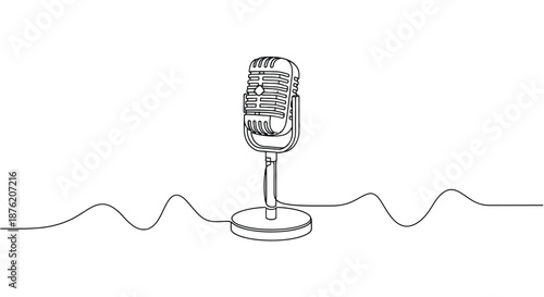 Retro microphone with a sound wave line art illustration on a white background for audio recording and broadcasting concepts
