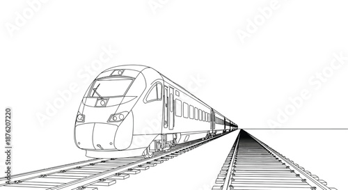 Futuristic high speed passenger train on tracks with a vanishing point perspective against a white background line art illustration
