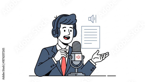 Man with headphones speaking into a microphone recording a podcast or voiceover flat illustration for media and communication concepts