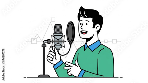 Man speaking into a studio microphone podcasting concept with sound wave graphic flat vector illustration for broadcasting and content creation