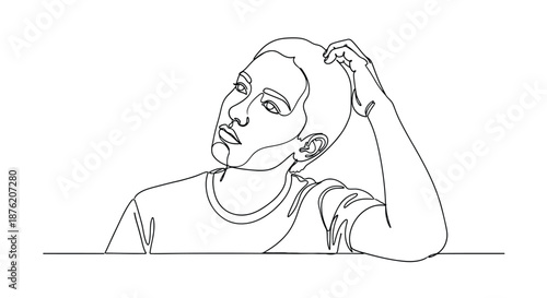 Minimalist continuous line drawing of a thoughtful young person with hand in hair looking upwards