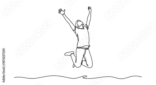 Minimalist single line drawing of a person jumping with arms raised in celebration against a white background
