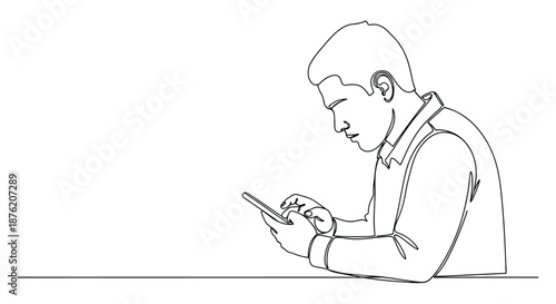 Minimalist single line drawing of a focused young man in a collared shirt using his smartphone with his fingers on the screen
