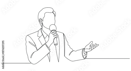 One continuous line drawing of a man in a suit speaking into a microphone with his hand gesturing