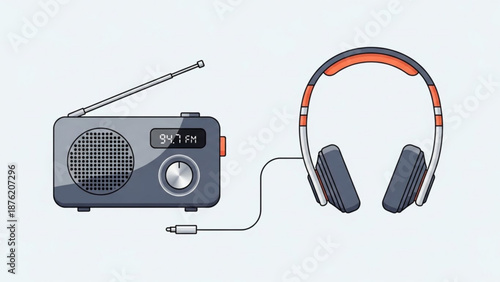 Retro radio and modern headphones connected by cable vintage audio equipment and contemporary music accessory isolated on light blue background