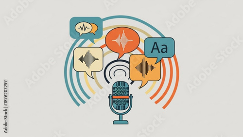 Retro microphone with speech bubbles and sound waves representing communication podcasting and broadcasting flat vector illustration for media concepts