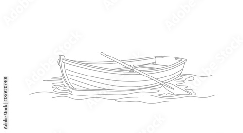 A simple outline drawing of a wooden rowboat with oars resting inside floating on gentle water waves