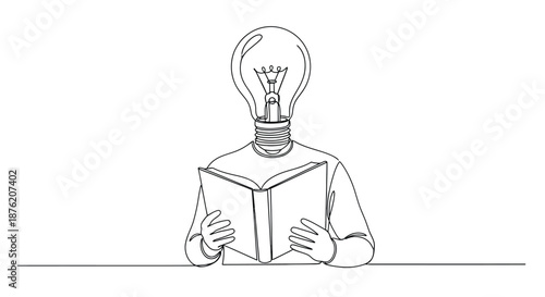 Person with a light bulb for a head reading a book symbolizing knowledge and new ideas emerging from learning