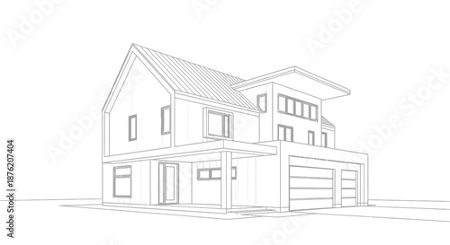 Architectural sketch of a modern two story house with a gabled roof large windows and a two car garage