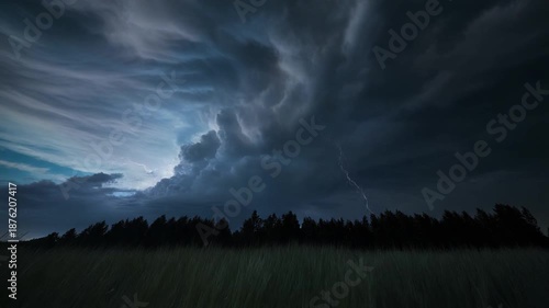 Dramatic dark storm clouds gather ominously over a silhouetted forest at dusk, with lightning illuminating the sky