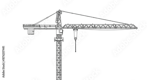 Detailed black and white line drawing illustration of a tower construction crane with a hook and trolley on a white background