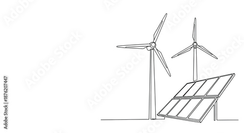 Clean energy concept with wind turbines and solar panels in a minimalist line art style on a white background