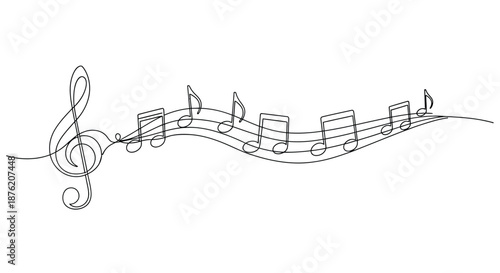 Elegant single line drawing of a treble clef and musical notes flowing along a wavy staff