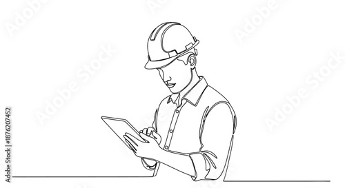 A focused construction worker wearing a hard hat uses a digital tablet for planning and data entry on a white background