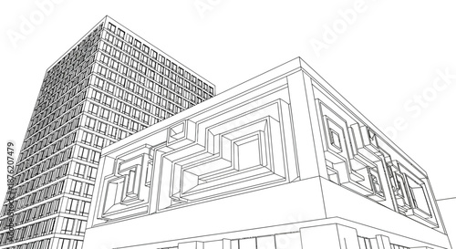 Architectural line drawing of modern buildings with geometric facade details and a tall skyscraper against a white background