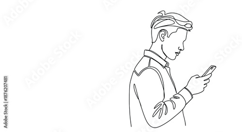 Minimalist single line drawing of a young man in profile looking at his smartphone with a white background
