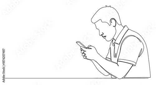 Minimalist single line drawing of a young man focused on his smartphone sitting at a table with ample copy space
