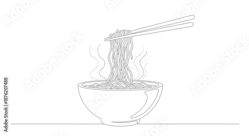 Minimalist single line drawing of steaming hot noodles being lifted from a bowl with chopsticks against a white background