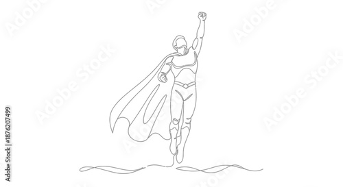 Minimalist single line drawing of a superhero with cape raised fist in the air in a triumphant pose