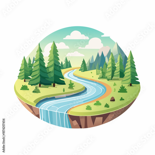 Serene landscape illustration of a winding river flowing through trees and mountains from a bird's eye view
