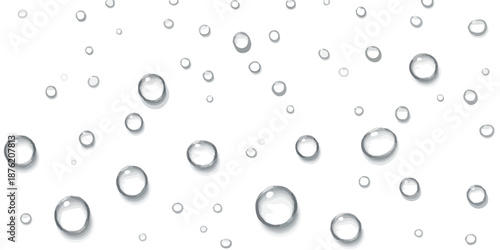Glistening transparent water droplets scattered across a clean white background