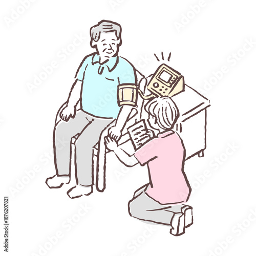 血圧測定を受ける笑顔の高齢男性と介護スタッフのイラスト